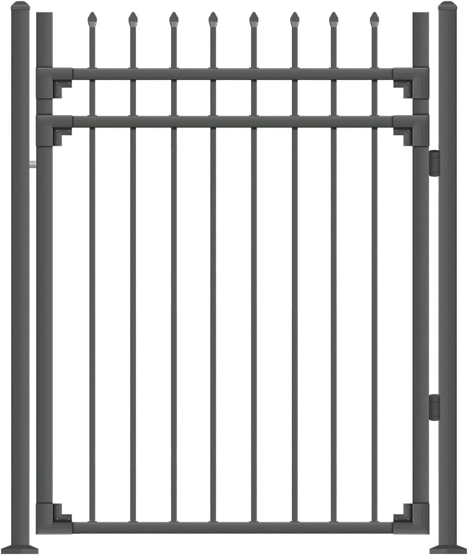 XCEL - Black Steel Anti-Rust Fence Gate - Sharp End Pickets - 4ft W x 5ft H - Easy Installation Kit, for Residential, Outdoor, Yard, Patio, Entry Way, 3-Rail Metal Gate