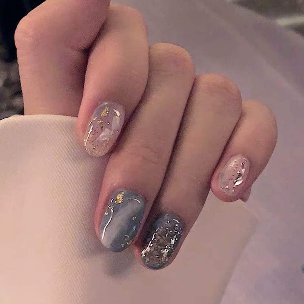Belicey Glossy Press on Nails White Square Medium Fake Nails Full Cover Ballerina Arts Nails for Women Teen Girls (Glitter Blue-White)