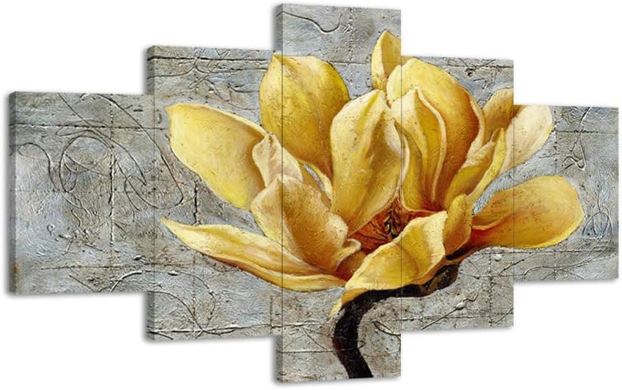 Large Yellow and Gray Flower Wall Decor Retro Yellow Flower Wall Art Yellow Wall Decor 5 Panels Poster for Bedroom Living Room Yellow Flower Painting Gift for Friend Framed Ready to Hang (70"Wx40"H)