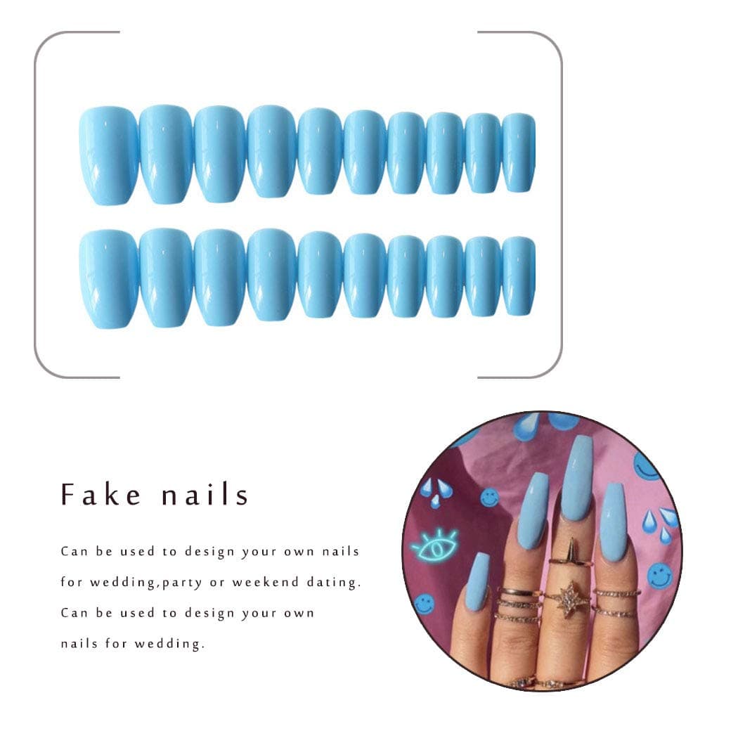 Blufly Glossy Press on Nails Long Square Coffin Fake Nails Acrylic False Nails Tips Ballerina Nails for Women and Girls (Blue) (Style E)