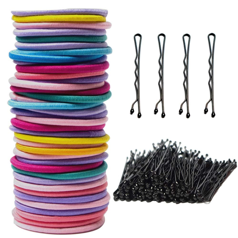 100Pcs Hair Elastics Colorful with 100 Hair Bobby Pins, No Metal Hair Ties for Thick and Curly Hair, Strong 4mm Hair Elastic Band for Women Men Girls Kids, Black