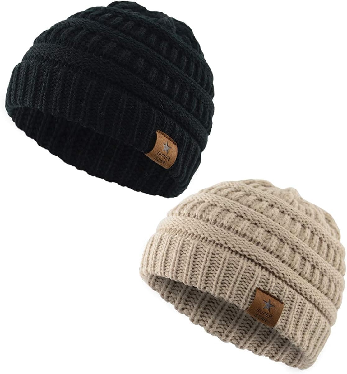 American Trends Infant Toddler Winter Baby Beanie Hat Warm Cute Soft Stretchy Boys Girls Knit Hat Infant Hat-2 Pack(Black,Beige)