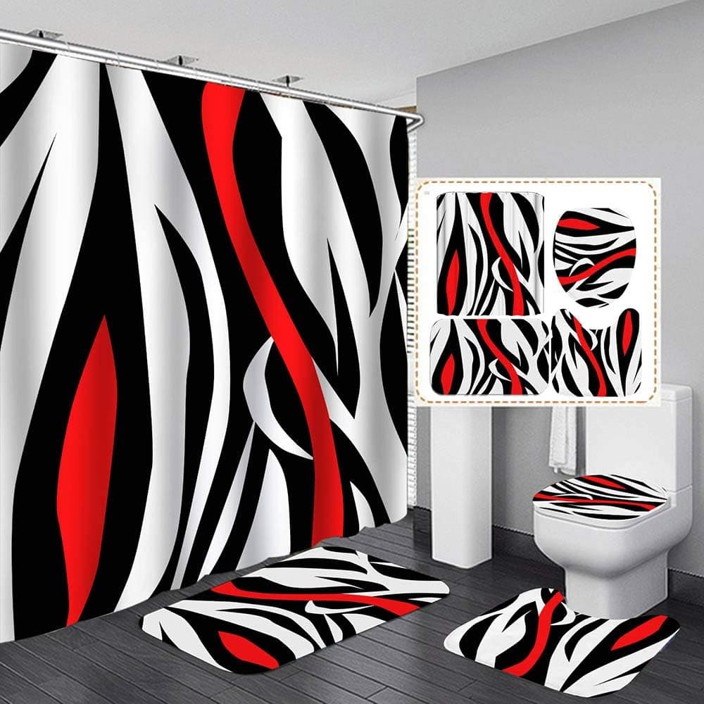 4Pcs Shower Curtain Stripe Bathroom Decor for Home,Geometric Black and White Red Abstract Line Curtain Sets with Non-Slip Rug,Toilet Lid Cover Bath Mat,72 x72 Inches Water Repellent Include Hooks