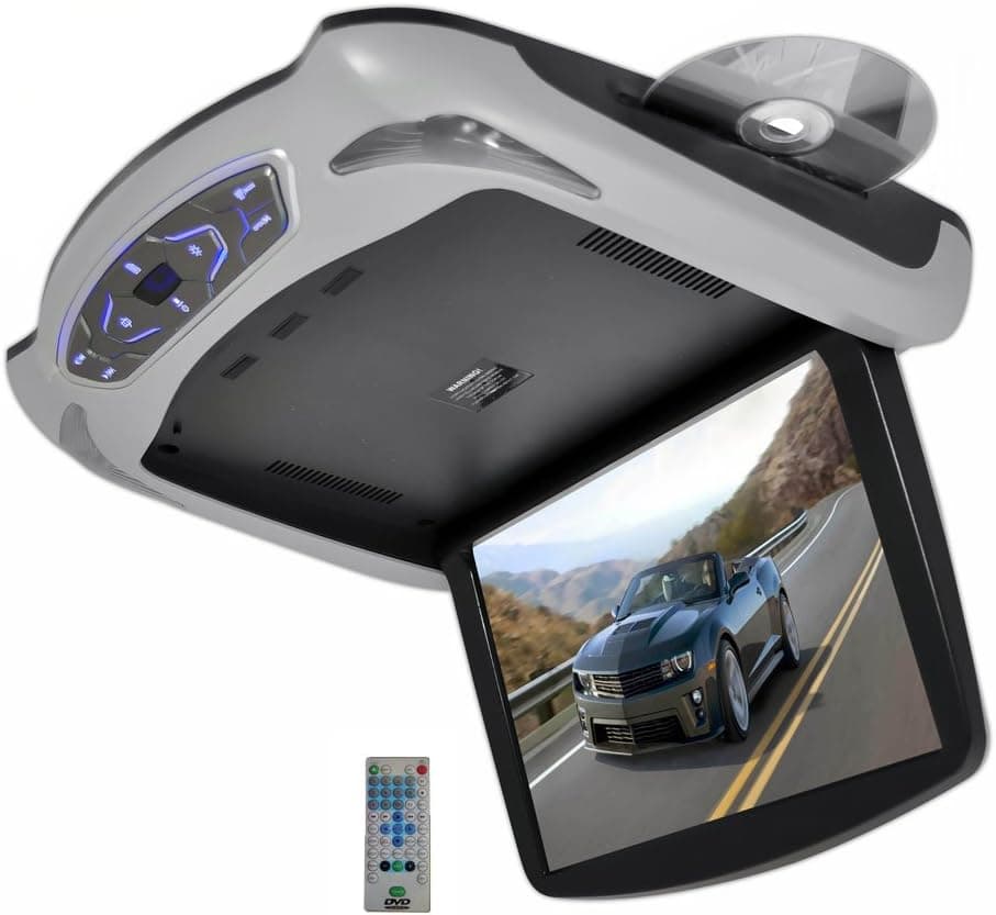 Pyle Upgraded Premium 13.3" Car Monitor - Flipdown Roof Console Car DVD, CD/MP3/USB/SD, TFT LCD, FM Transmitter, Dual LED Dome Lights, Car Entertainment System Multimedia, Black/Grey/Tan PLRD145