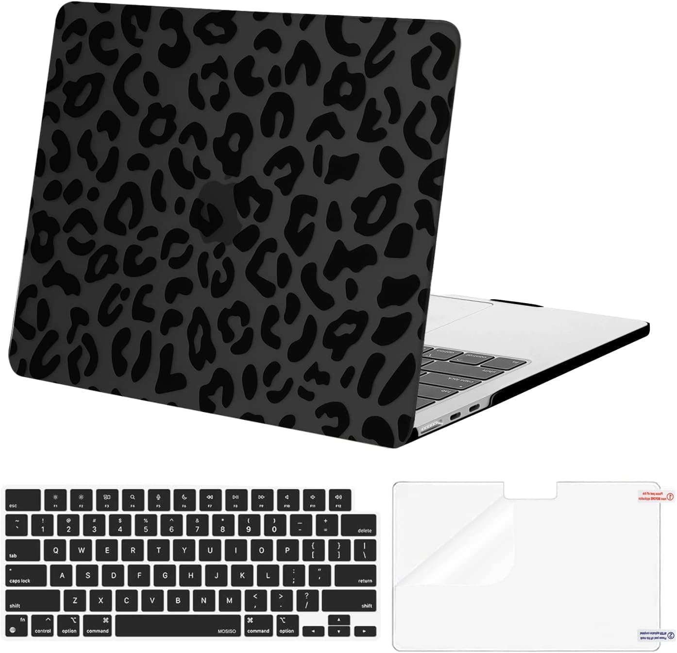 MOSISO Compatible with MacBook Air 13.6 inch Case 2022 2023 Release A2681 M2 Chip with Touch ID, Plastic Leopard Grain Hard Shell Case&Keyboard Cover&Screen Protector, Black