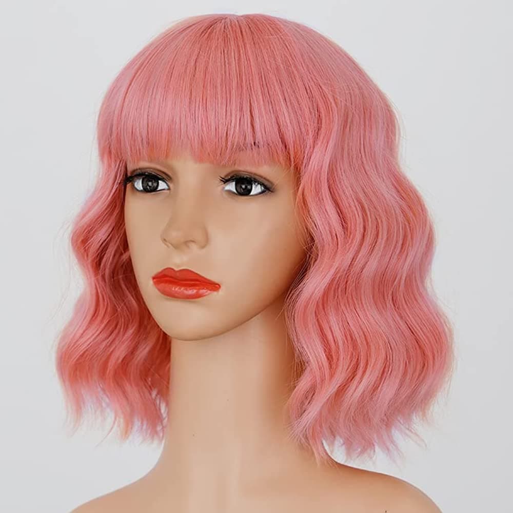 Sué Exquisite Pastel Wavy Wig With Air Bangs Women's Short Bob Pink Wigs Curly Wavy Shoulder Length Pastel Bob Synthetic Cosplay Wig for Girls Daily Use Colorful Wigs