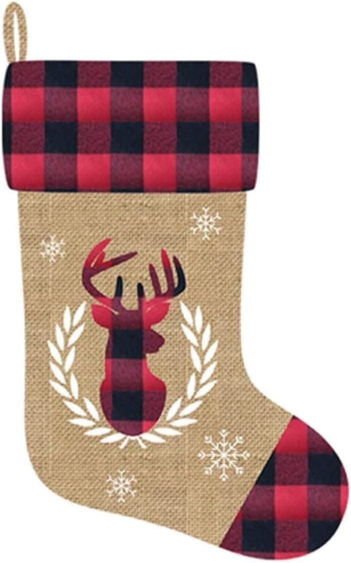 Santa's Secrets 20" Faux Burlap Christmas Stocking w/Buffalo Plaid Reindeer Applique