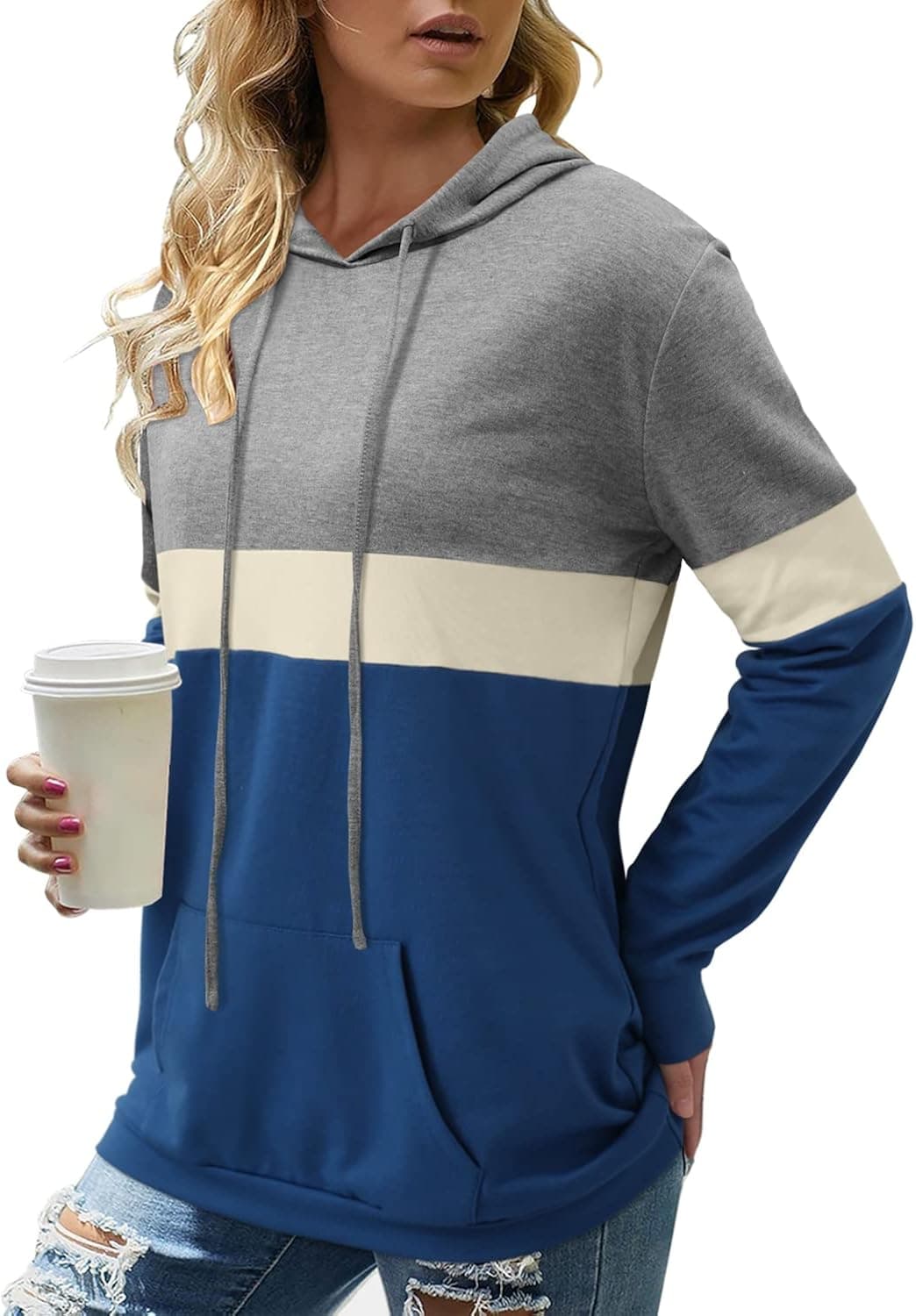 CRAZY GRID Hoodies for Women Long Sleeve Sweatshirt with Pocket Color Block Drawstring Tops