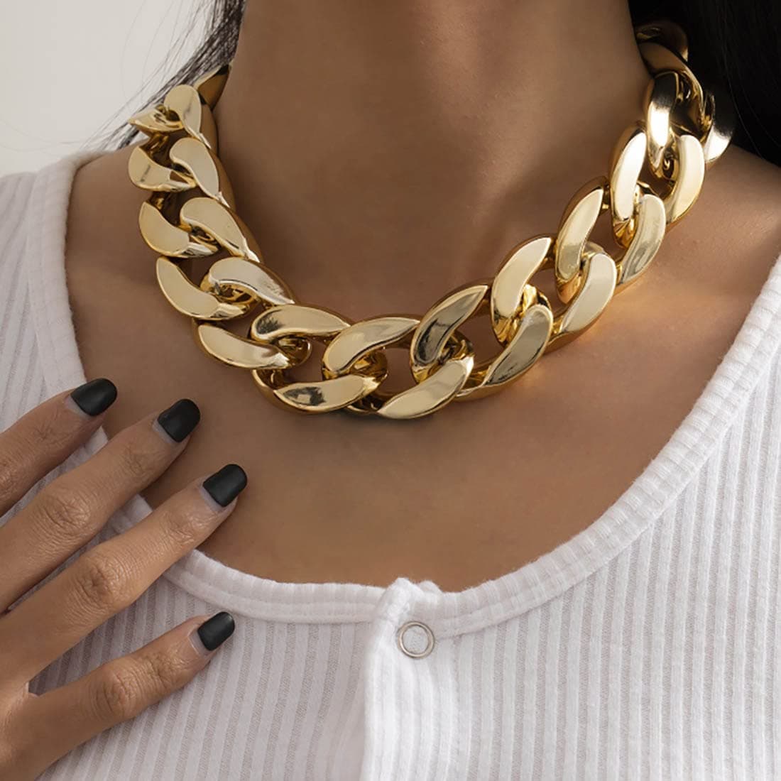 Tayel Punk Cuban Link Chain Choker Necklace Gold Lightweight Chunky Oval Chain Link Necklace Statement Hip Hop Jewelry for Women and Girls