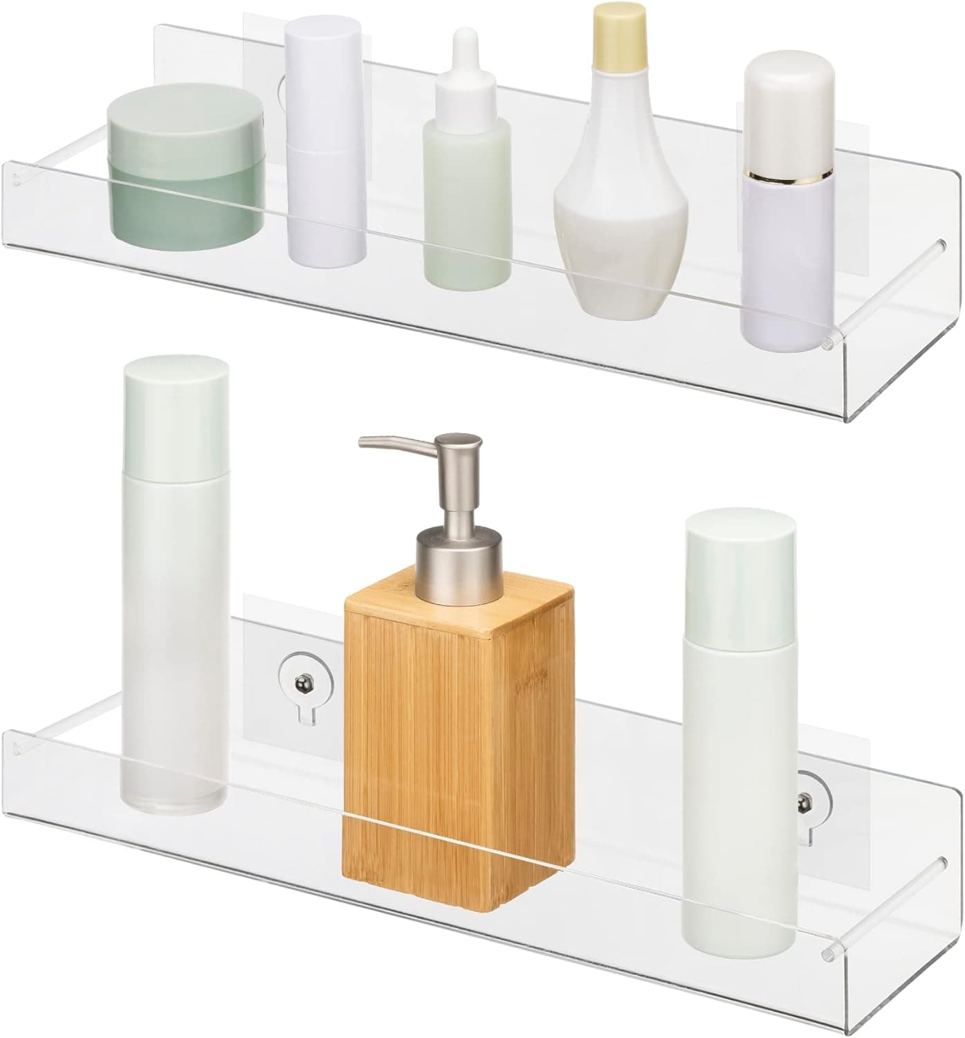 Navaris Acrylic Shower Shelves - Set of 2 - No Drilling Clear Bathroom Shelves - Self Adhesive Wall Mounted Transparent Shelf - 15"x3.9"x2.7" - 2-Pack