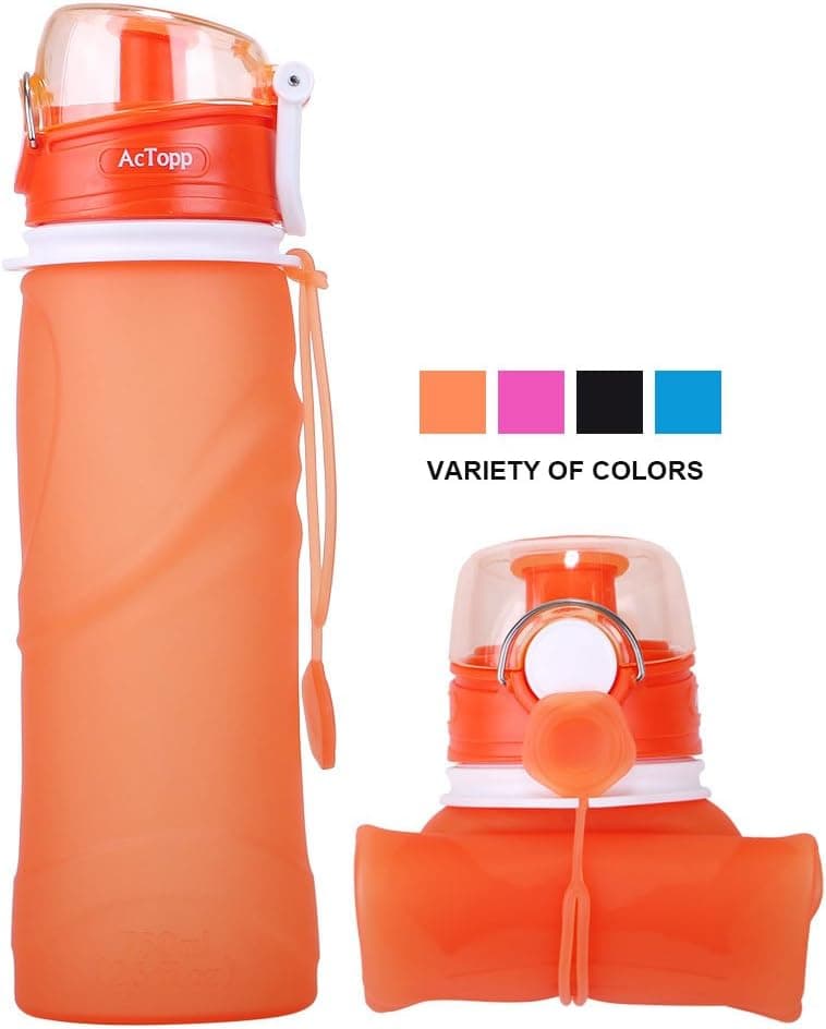 [FDA Certificated] Folding Silicone Water Sport Bottle BPA Collapsible Travel Outdoor Leak Proof Water Bottle (750ml) - Orange