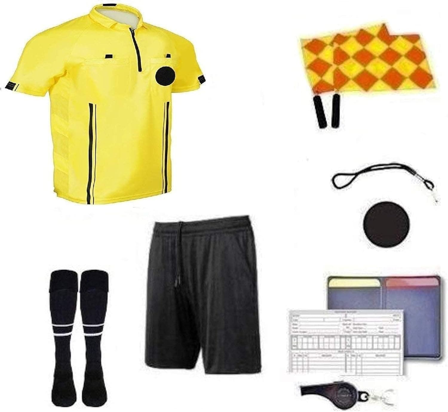 9 Pcs Football Soccer Referee Package Kit Men Referee Costume Ref Shirt Linesman Flags, Referee Whistle Soccer Referee Cards Sport Soccer Accessory for Adult Teenager