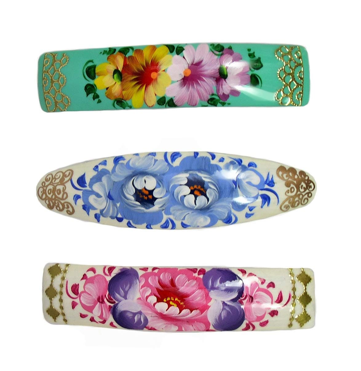 3 Russian Hand Painted Barrettes Hair Clips #0943