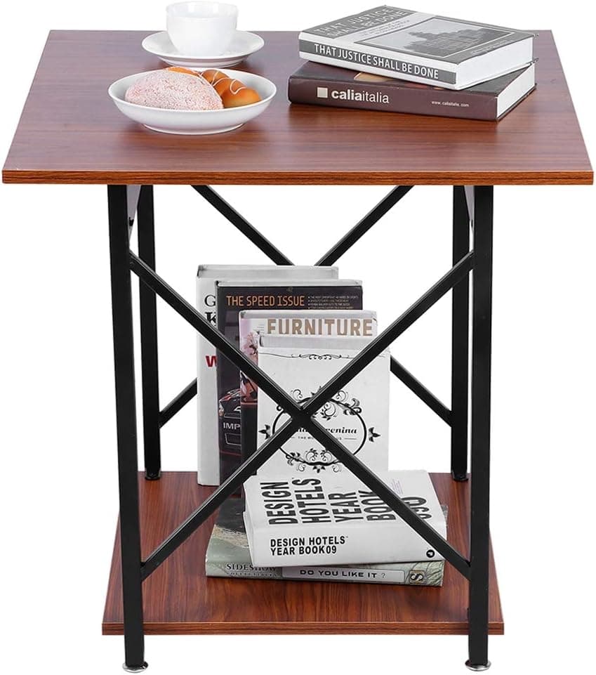 Industrial Side Table, 2 Tier Vintage Nightstand Wooden Bedside Table Accent End Table Furniture with Metal Frame for Home Living Room Bedroom Office Small Places, Rustic Brown