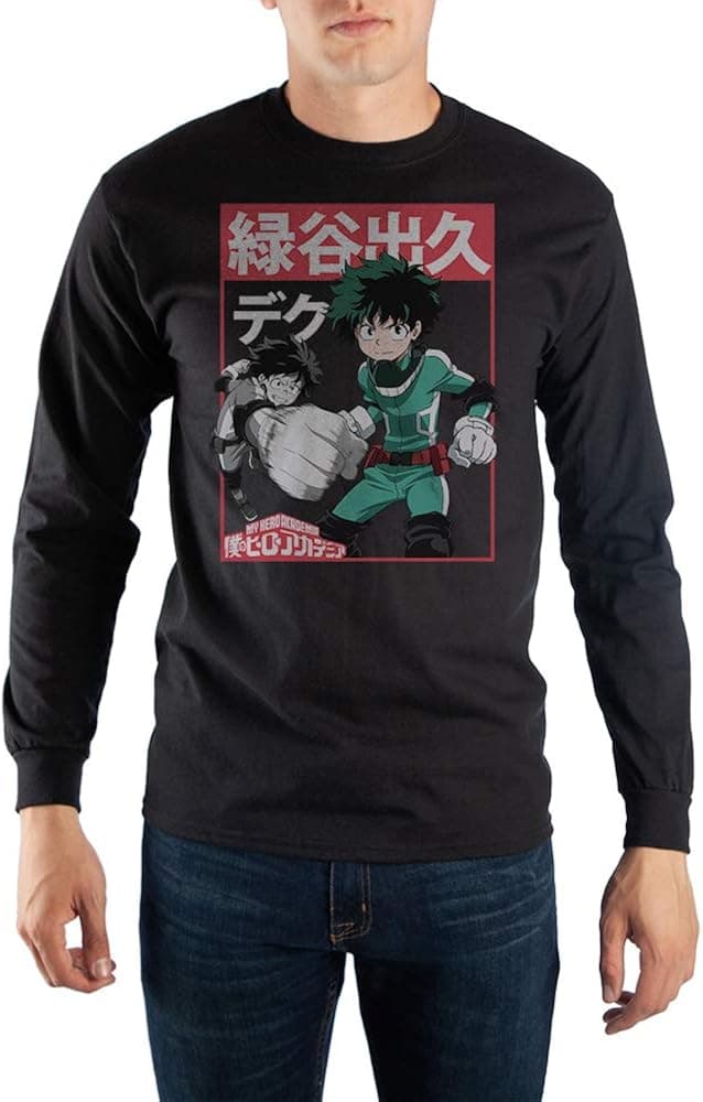 Bioworld Mens Deku & All Might My Hero Academia Black Long Sleeve Graphic Tee