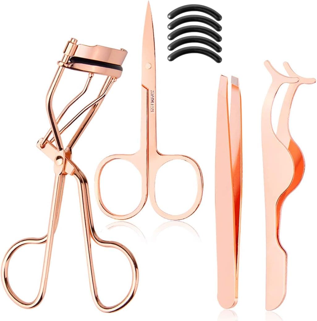 Arroyner 4Pcs Eyelashes Tool Fake Lash Applicator Eyelash Curlers Eyebrow Scissors for Eyelashes (Rose Golden)