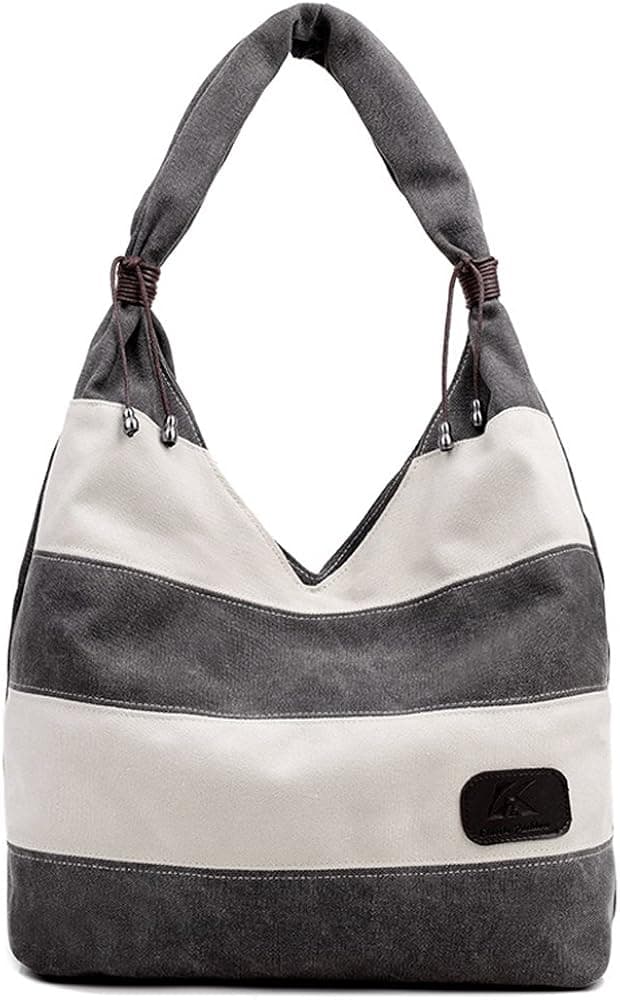 Hiigoo Stripes Stitching Canvas Bags Casual Shoulder Bag Large Shopping Bag Handbags