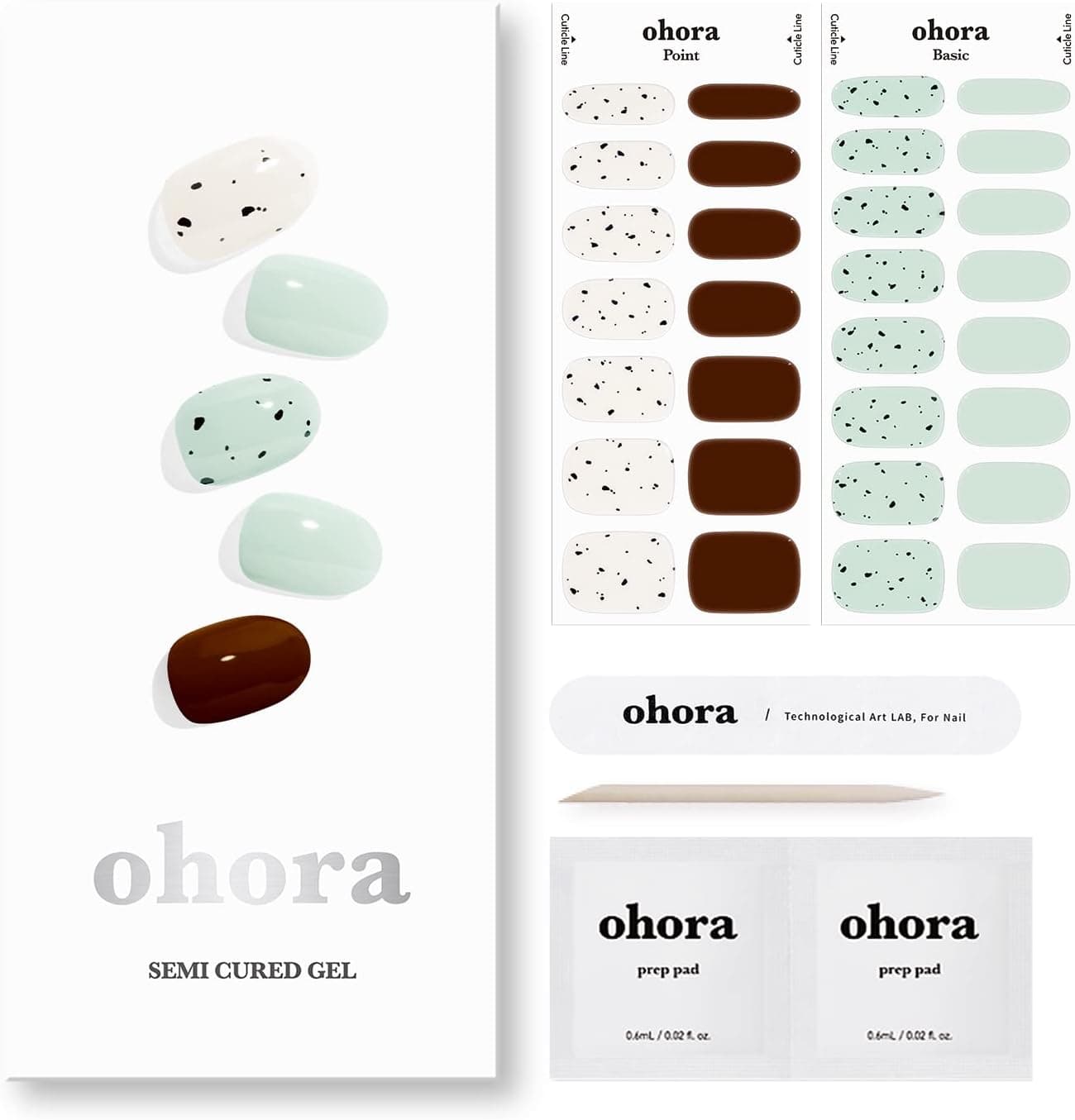 ohora Semi Cured Gel Nail Strips (N Mint-Choco) - Works with Any UV Nail Lamps, Salon-Quality, Long Lasting, Easy to Apply & Remove - Includes 2 Prep Pads, Nail File & Wooden Stick
