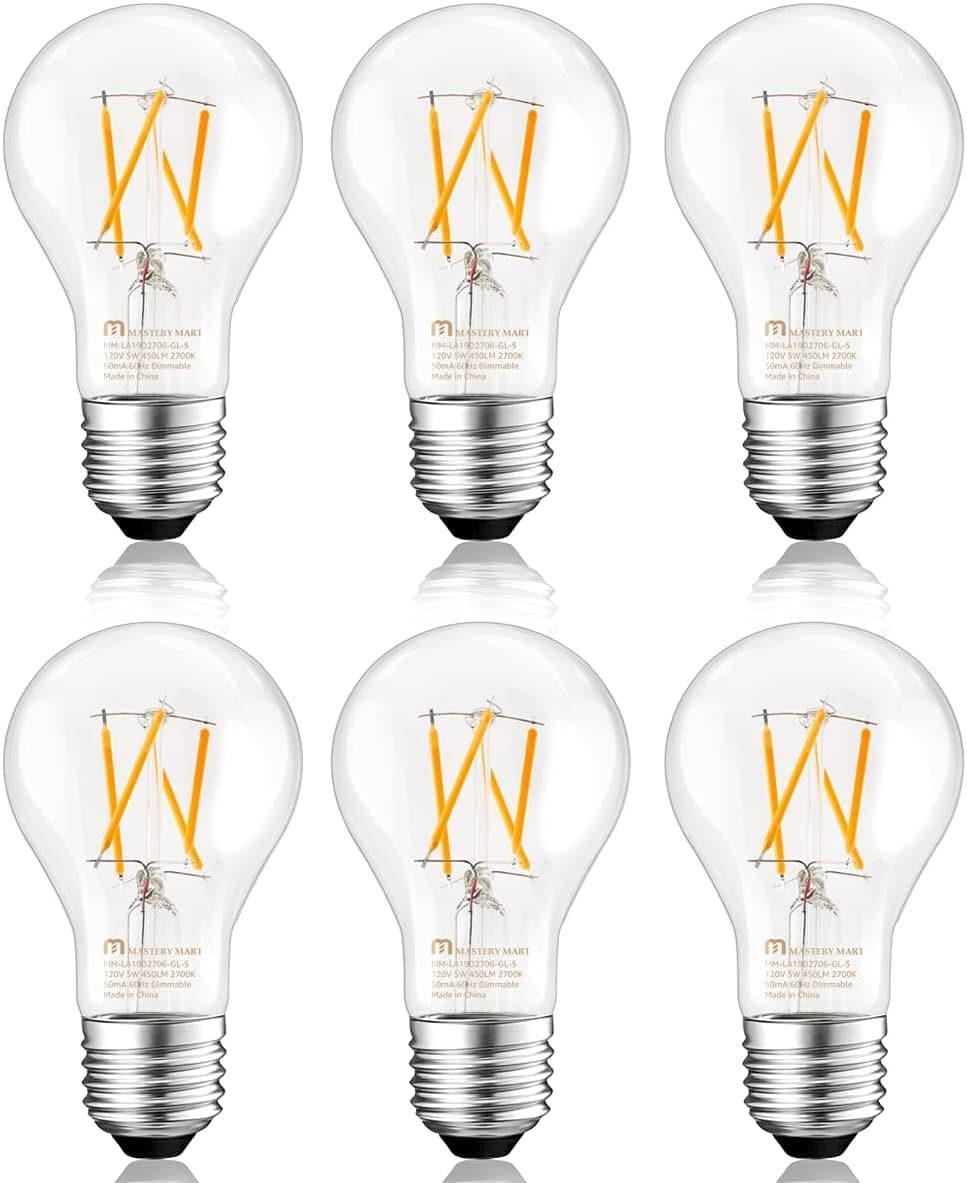 MASTERY MART Dimmable Vintage LED Light Bulb, A19 Glass Antique Edison Style, 5W (Equivalent to 40 Watt), 450LM 2700K Soft White, E26 Base Decorative Filament Bulb, UL and Energy Star, 6 Pack