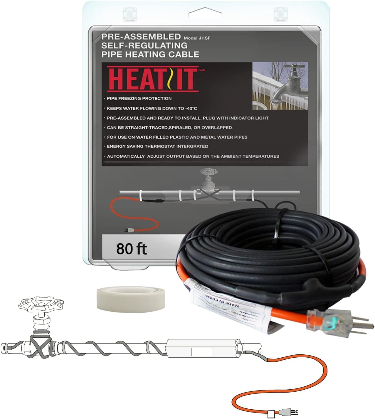 HEATIT JHSF 80-feet 120V Self Regulating Pre-assembled Pipe Heating Cable