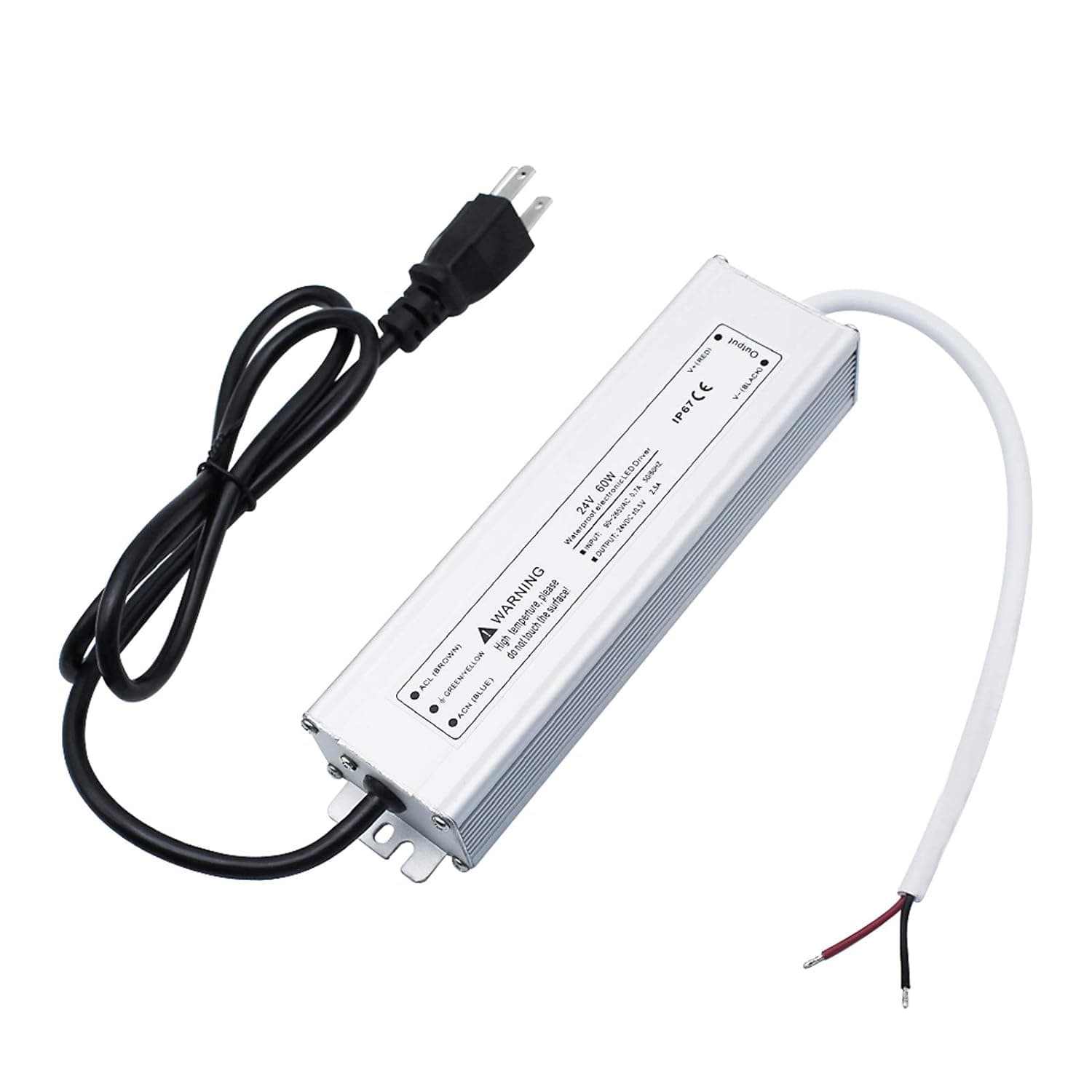 LightingWill LED Driver 60 Watts Waterproof IP67 Power Supply Transformer, 90-265V AC to 24V DC Low Voltage Output, Adapter with 3-Prong Plug 3.3 Feet Cable for Outdoor Use, Computer Project