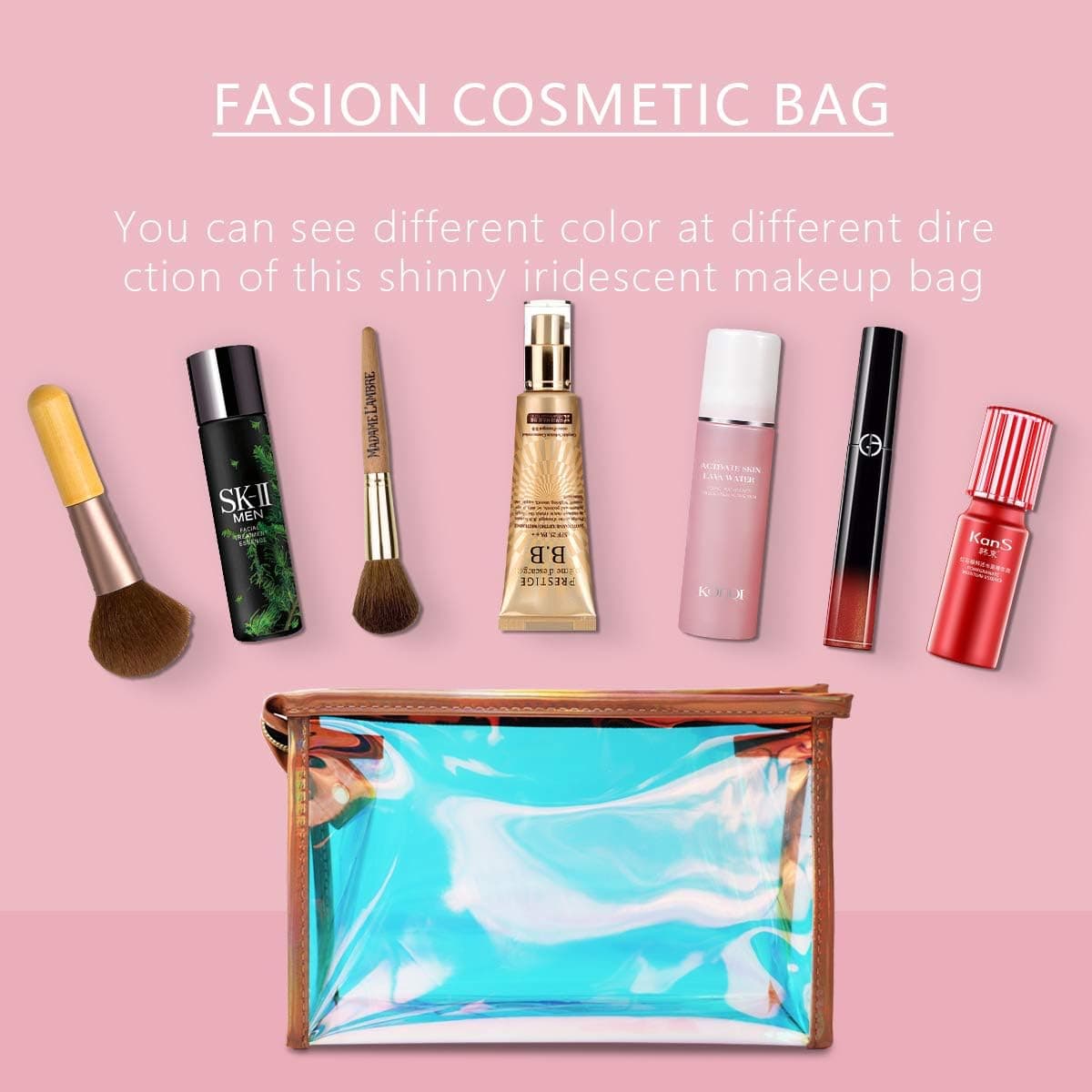 VIVID TREE Holographic Makeup Bag PVC Transparent Laser Iridescent Cosmetic Pouch 2.8"x6"x9" with Gold Zipper Transparent Cosmetic Travel Bag Waterproof Wash Bag for Bathroom(1pcs)