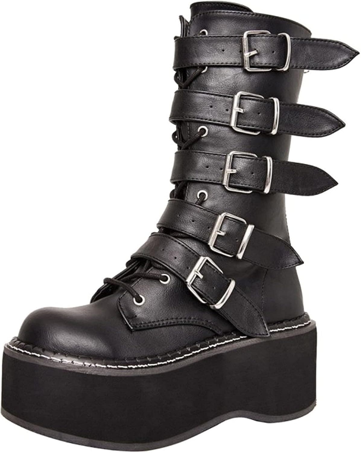 Erocalli Women Goth Platform Knee High Boots Wedges Round Toe Mid Calf Boot Multi Band Motorcycle Combat Boot