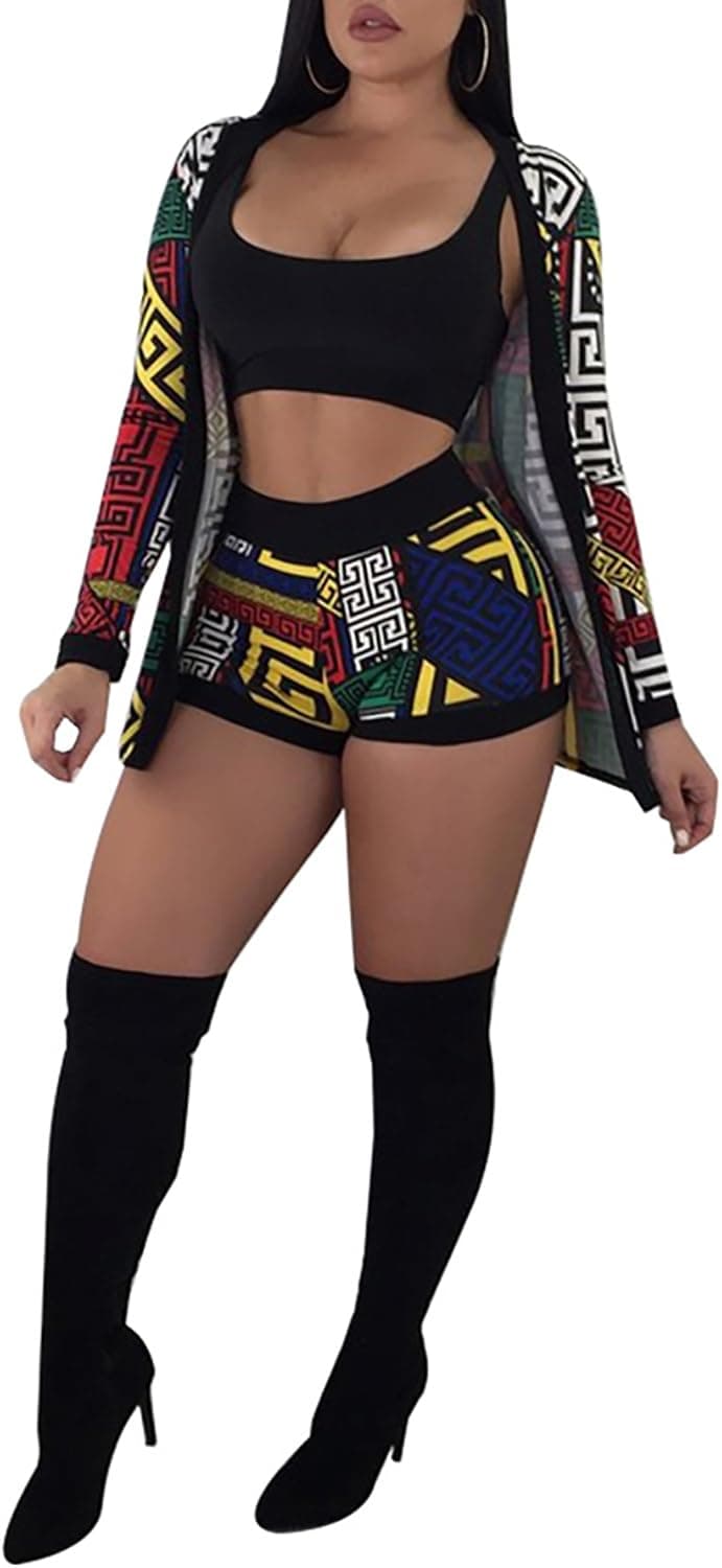 Molisry Women Crop Top and Short Pants Sets with Printed Jacket 3 Piece Outfit Clubwear