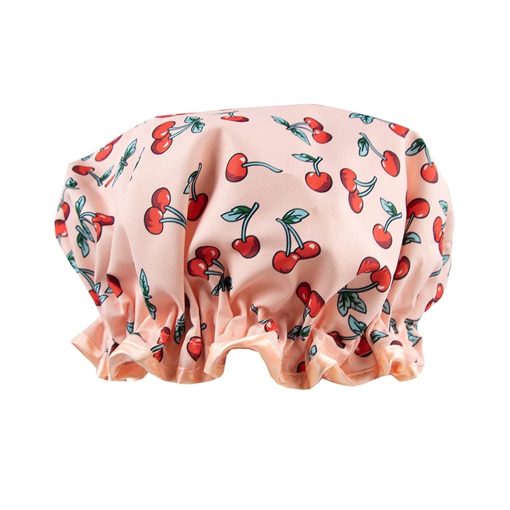 The Vintage Cosmetic Company Shower Cap Elasticated and Waterproof Keeps Hair Dry and Fizz Free Retro Cherry Design
