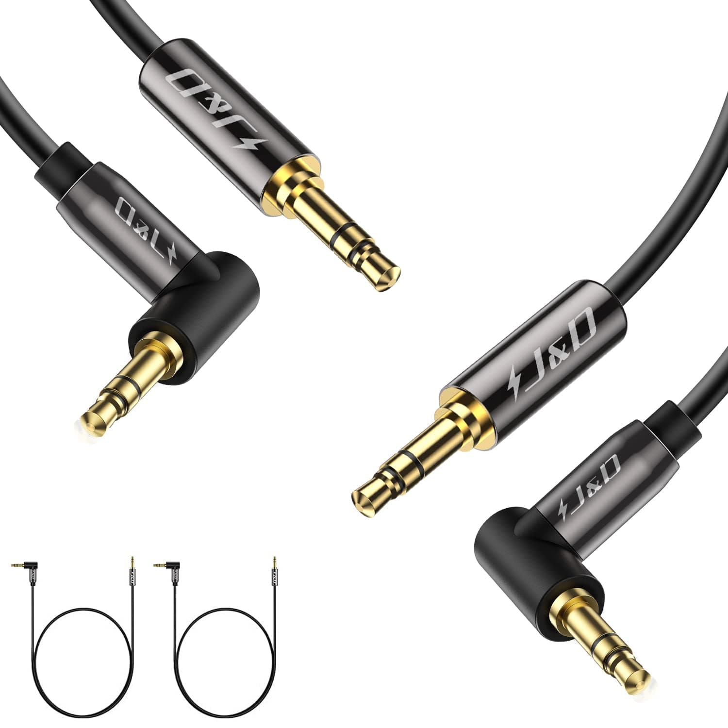 J&D (2 Pack Gold Plated 3.5mm Stereo Audio Aux Jack to Jack Cable 90 Degree Right Angle Compatible for iPhone, Galaxy, Speakers or All Other Devices, 3 Feet