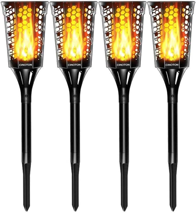CINOTON Solar Tiki Torches Upgraded,Waterproof Flame Torch Lights Outdoor, Landscape Decoration Lighting, Dusk to Dawn Auto On/Off Security Warm Light for Garden Patio Deck Yard Driveway (4 Pack)