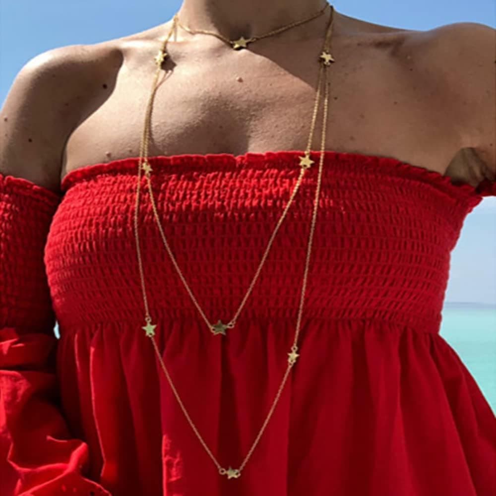 BETHYNAS Boho Layered Chain Necklace with Star Charms Round Cable Chain Long Multilayered Chain Choker for Summer Beach Party Statement Jewelry for Women Girls