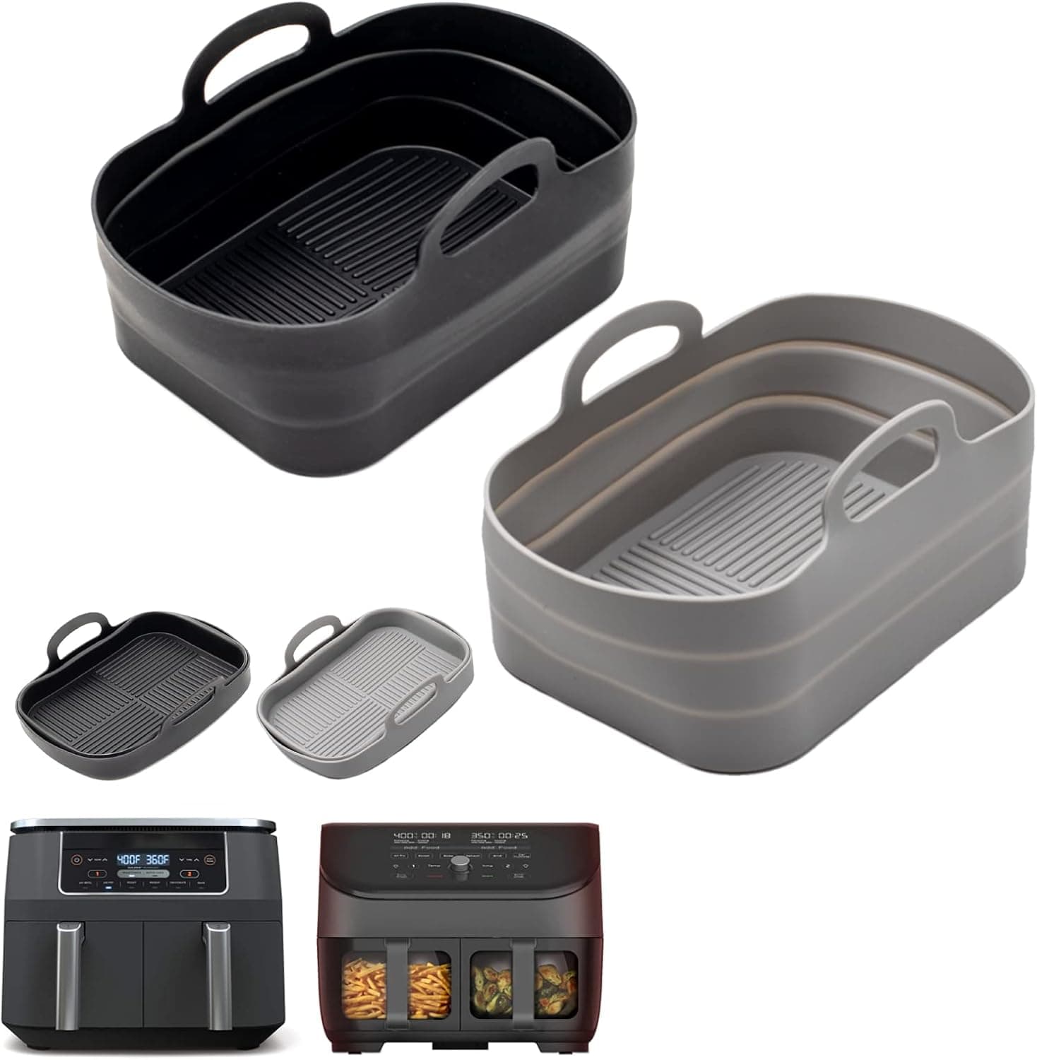 2Pcs Air Fryer Silicone Pot Rectangular for Ninja Foodi Dual DZ201 8QT, Reusable Silicone Airfryer Liner Replacement Baking Tray Basket Insert | Non-stick | Easy Cleaning | Food Safe | Gray | black