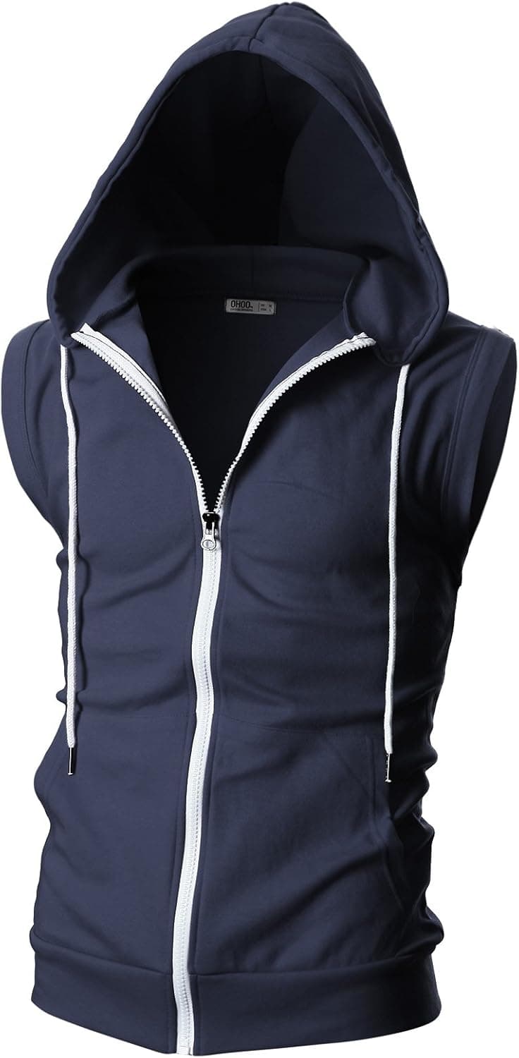 Ohoo Mens Slim Fit Sleeveless Lightweight Zip-up Hooded Vest With Zipper Trim