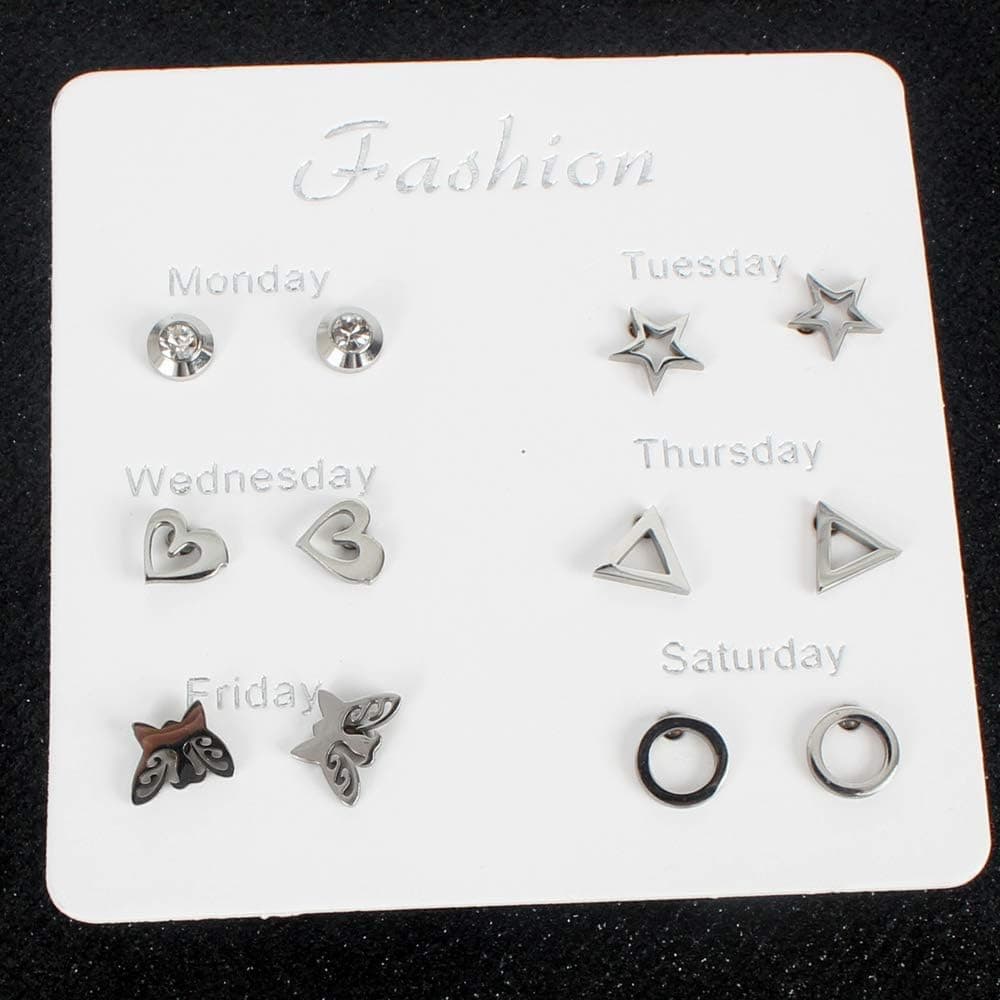 6 Pairs Stainless Steel Stud Earrings With Heart Stars Triangle Zirconia Butterfly