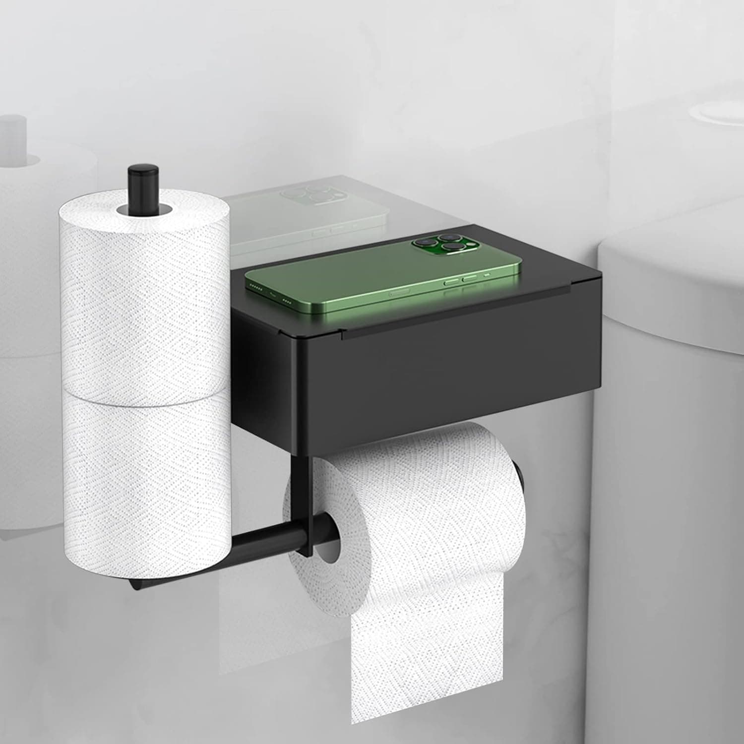 Toilet Paper Holder with Phone Shelf, Double Rolls Holder Wall Mounted Toilet Paper Roll Storage Dispenser, Stainless Steel Bathroom Shelves Tissue Roll Holder(Matte Black)