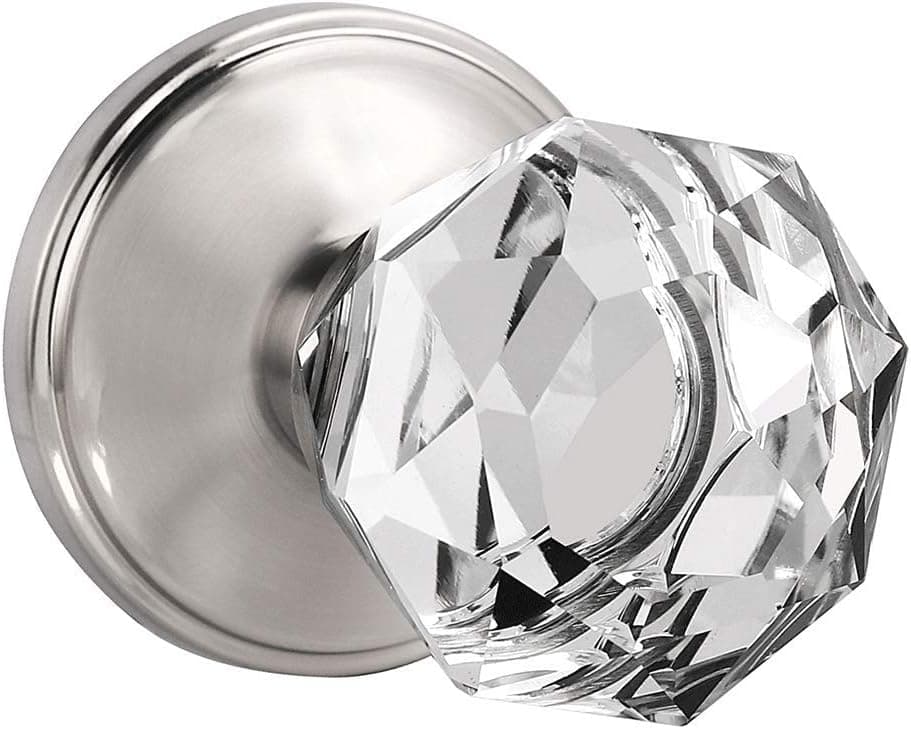 Crystal Style Door Knob with Lock,Glass Door Knob Interior Door Hardware Diamond Shape,Passage Function for Hall and Closet, Satin Nickel Finish,Set of 1