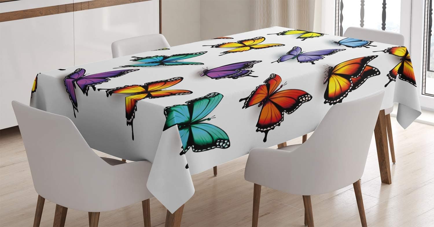 Ambesonne Butterfly Tablecloth, Cute Colorful Moth Figures Ancient Wings Animal Spring Inspirational Design, Dining Room Kitchen Rectangular Table Cover, 60" X 90", Blue Orange