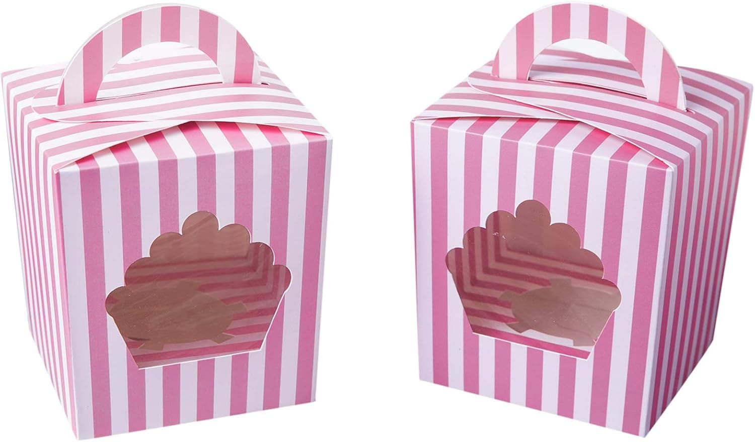 ONE MORE Large Single Cupcake Boxes Containers,Pink Individual Cardboard Cupcake Box Carrier with Insert&Handles and PVC Window For Birthday and Party Favors Pack of 15
