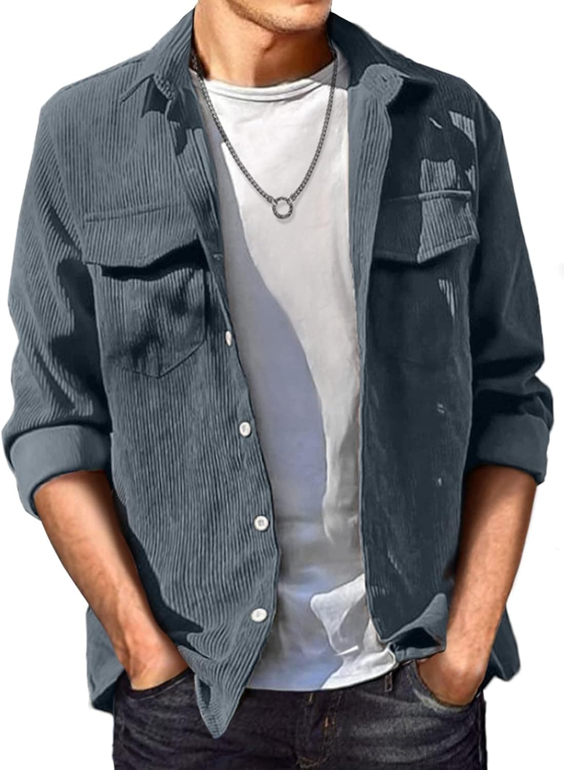 JMIERR Men's Corduroy Button Down Shirts Casual Long Sleeve Shacket Jacket with Flap Pocket