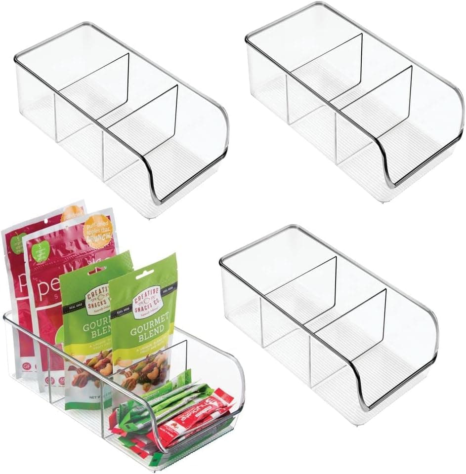 mDesign Plastic Food Storage Bin Organizer with 3 Compartments for Kitchen Cabinet, Pantry, Shelf, Drawer, Fridge, Freezer Organization - Holds Snack Bars - Ligne Collection - 4 Pack - Clear
