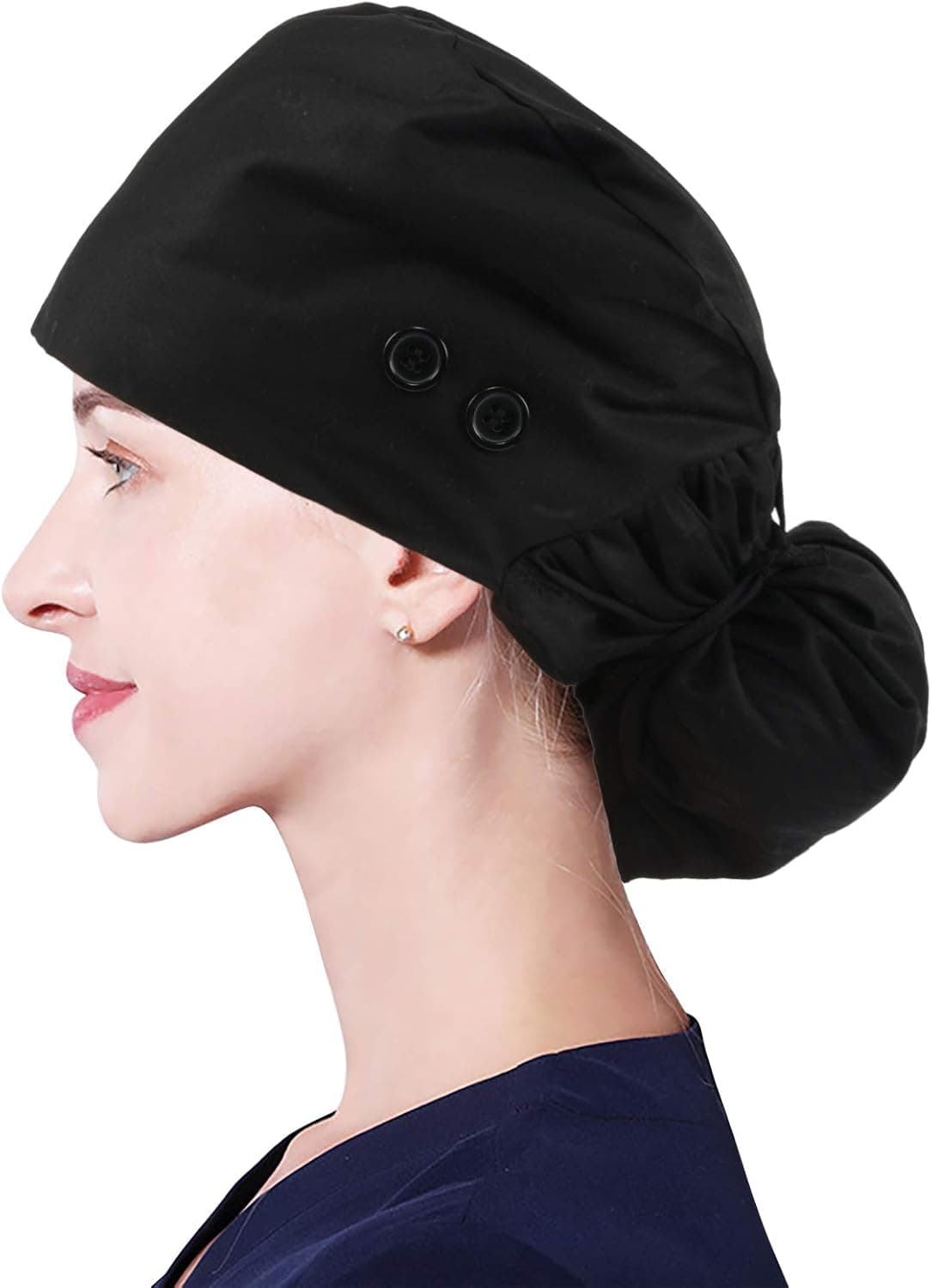 BROMZ Working Cap with Buttons and Sweatband Adjustable Ribbon Tie Ponytail Working Hat for Women, Long Hair Black