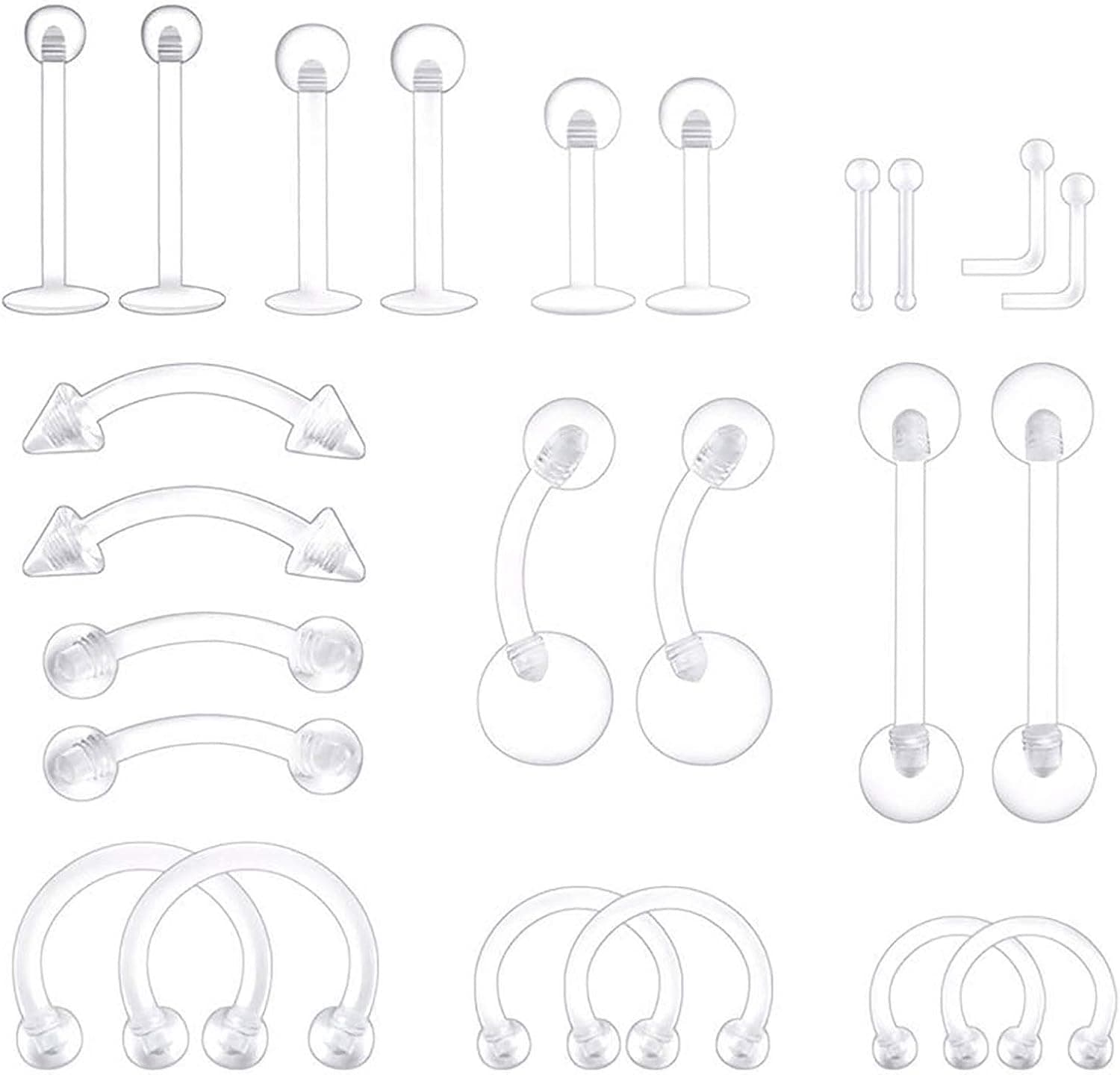 BodyJ4You 24PC Piercing Retainer Set Clear Flexible Plastic 14G 16G 18G 20G Belly Nose Tongue Lip