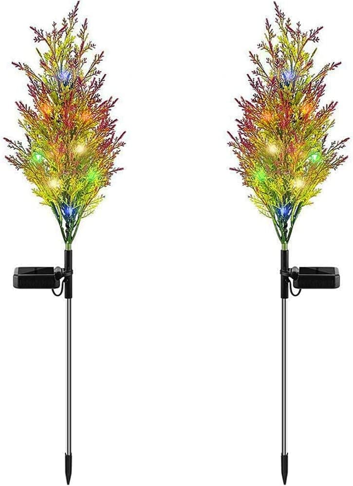 Tiemahun Christmas Solar Decorative Landscape Stake Lights, IP65 Waterproof Multicolor LED Flash Lights with Cypress Tree, Outdoor Landscaping Lights for Yard Garden Porch Patio Walkway Pool 2 Pack