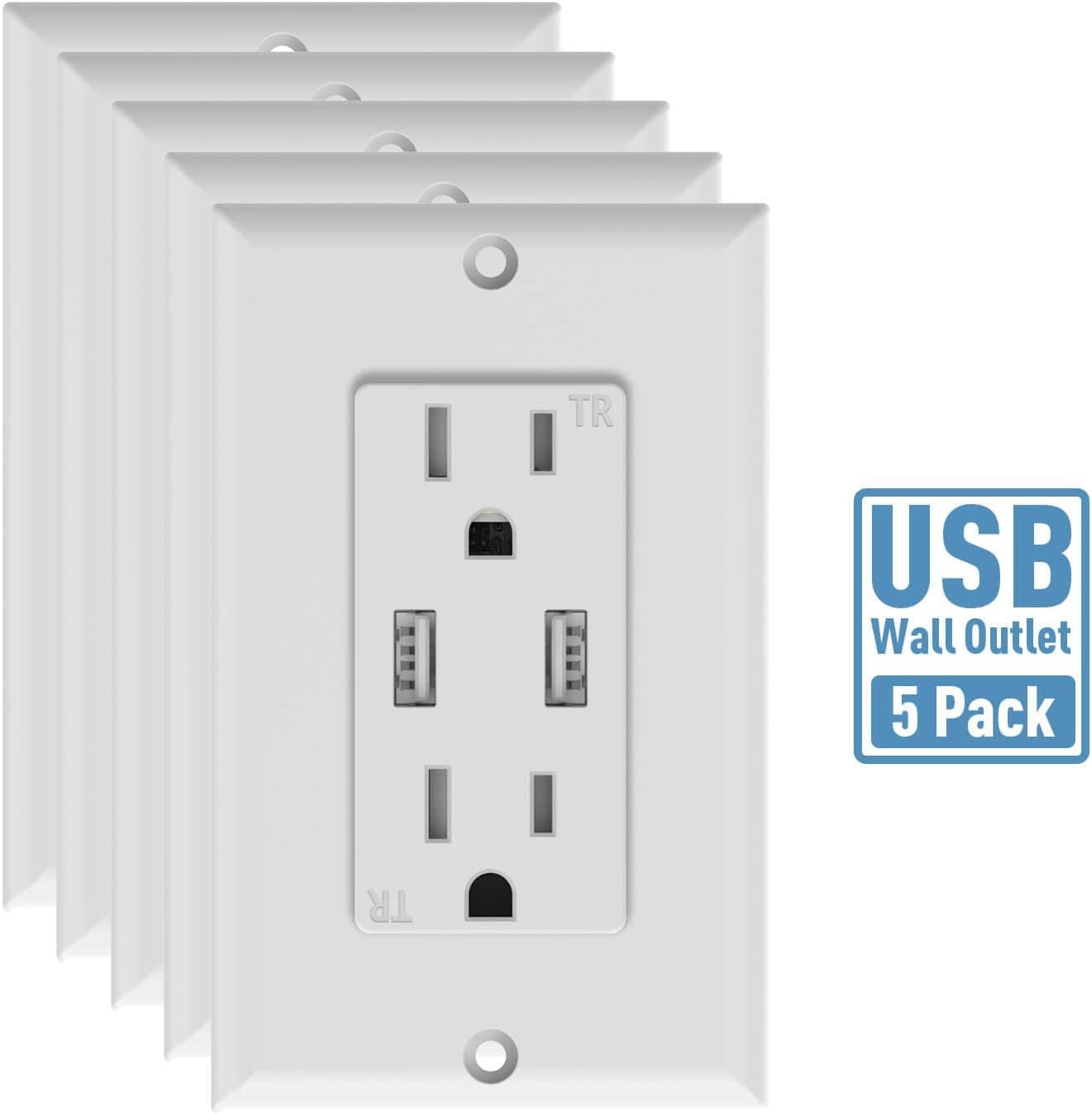 Ulfixa USB Wall Outlet Receptacle, Electrical Duplex Outlet with USB Chargers, Tamper Resistant Outlet with USB (3.1A Shared), 5-Pack