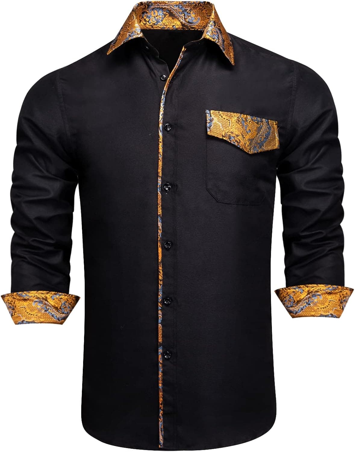 Hi-Tie Men's Dress Shirt Long Sleeve Paisley Shirt Woven Silk Regular Fit Btton Down Shirts Prom Wedding Party