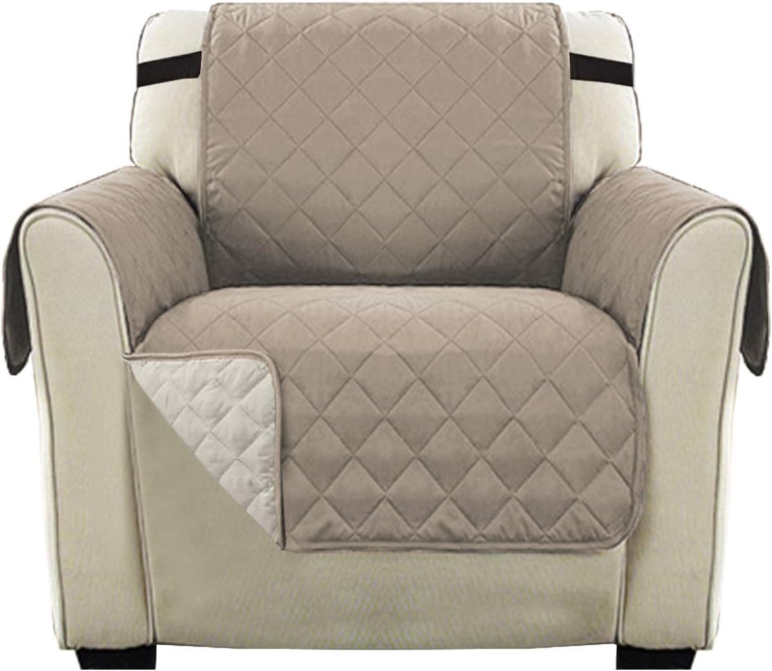 Reversible Sofa Slipcover Quilted Furniture Protector for Chair, Water Resistant Chair Protector for Dogs with 2" Elastic Strap, Seat Width Up to 21" Reversible Chair Cover (Chair, Khaki)