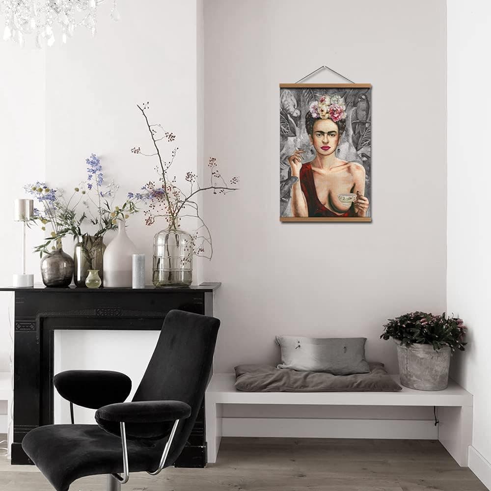 HONGRUIFAN Frida Kahlo Wall Art Print Poster - Smoke and Drink Girl in Jungle with Parrots Linen Canvas Picture Hanging Paintings 16x24 inch for Home Wall