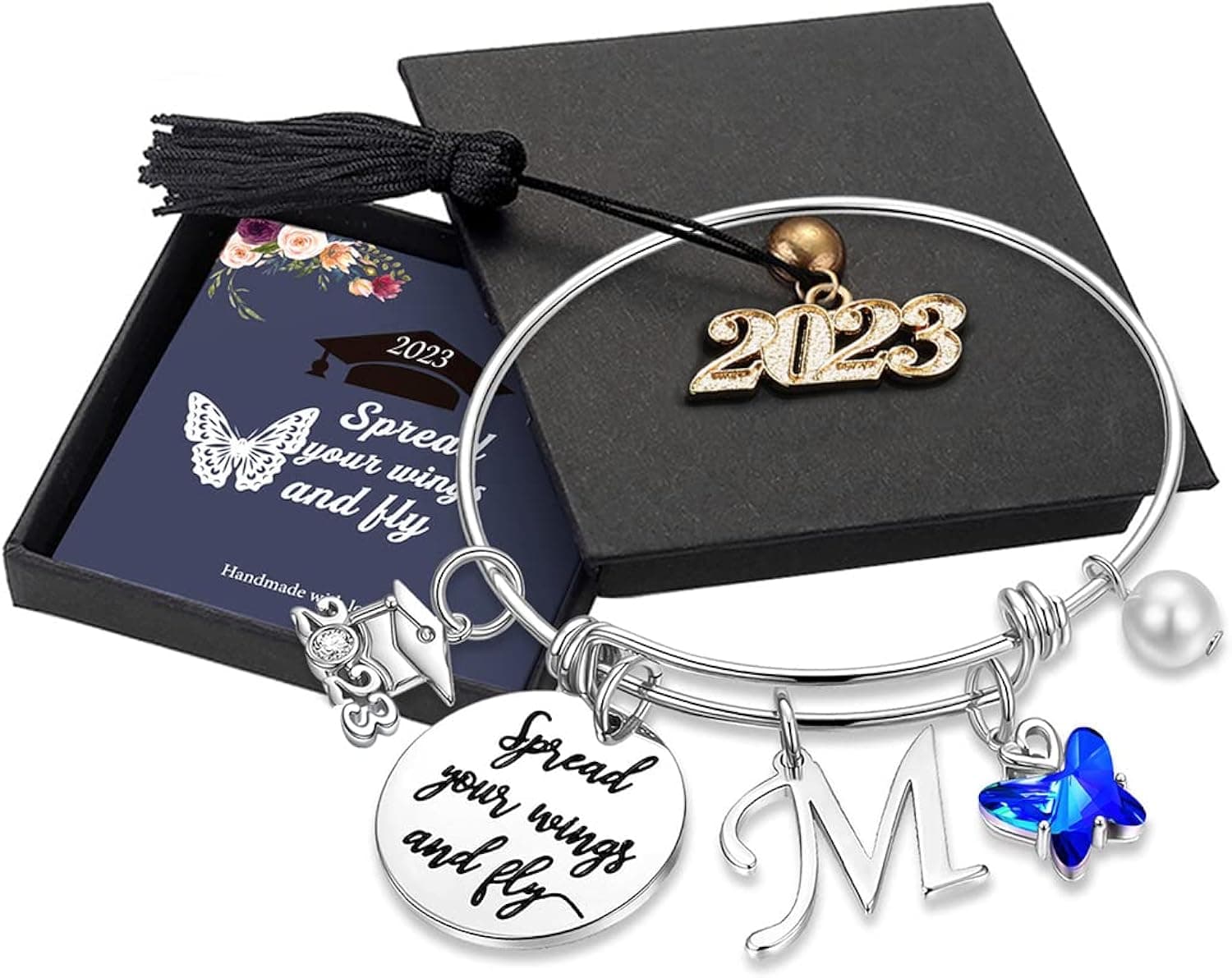 Graduation Gifts for Her 2023 Butterfly Bracelet, Inspirational Bangle with 2023 Graduation Grad Cap Mantra Quote Spread Your Wings And Fly Graduation Bracelet College Graduation Gifts for Her 2023