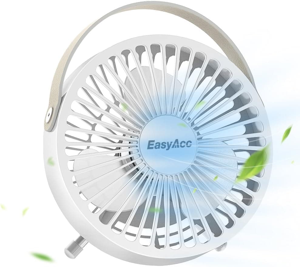 USB Desk Fan, EasyAcc 4 Inch USB Mini Table Fan Easy Cleaning Electric Portable Fan 3 Blades With Leather Handle Personal Fan ON/OFF Adjustable fit all USB Device For Office Home Desktop Table - White